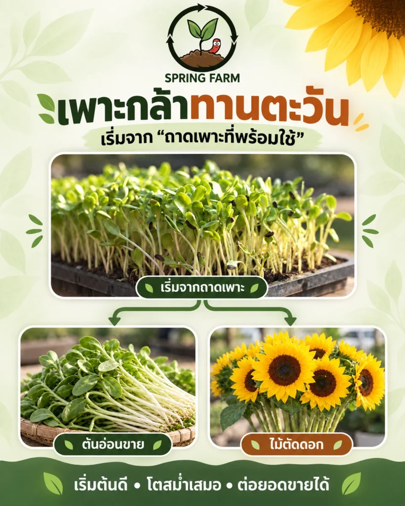 แบนเนอร์เพาะกล้าทานตะวันจากถาดเพาะ ต่อยอดเป็นต้นอ่อนขายและไม้ตัดดอก — Spring Farm