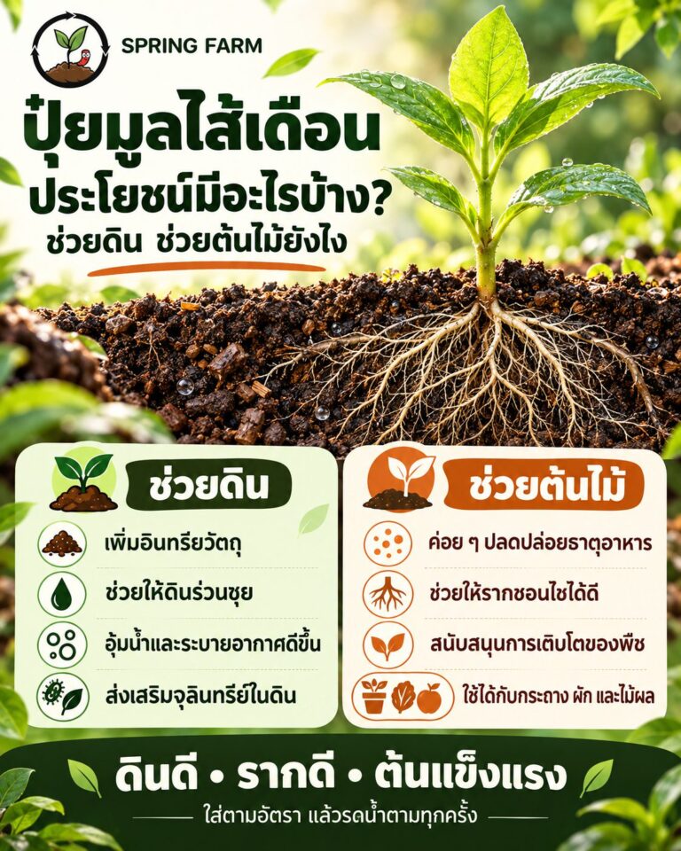 ปุ๋ยมูลไส้เดือน เนื้อละเอียดสีเข้มในมือ ข้างกระถางผักที่ใบเขียวสด