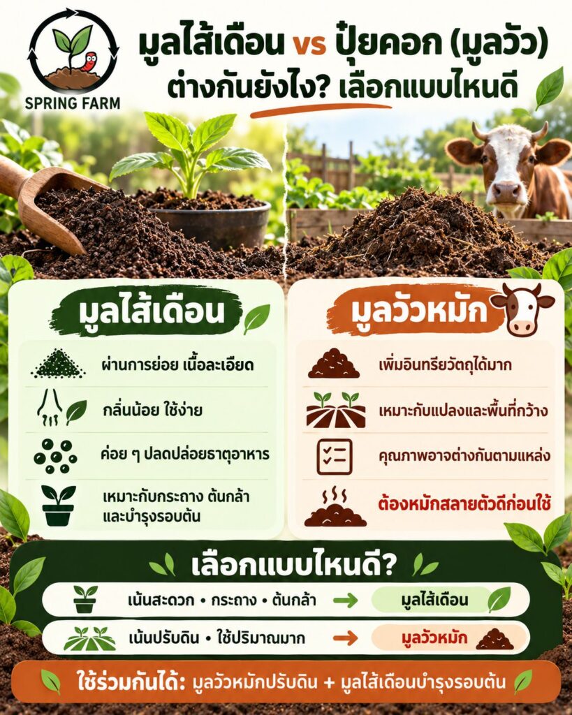 เปรียบเทียบมูลไส้เดือนเนื้อละเอียด กับปุ๋ยคอกมูลวัวแบบก้อน วางคู่กันบนโต๊ะสวน